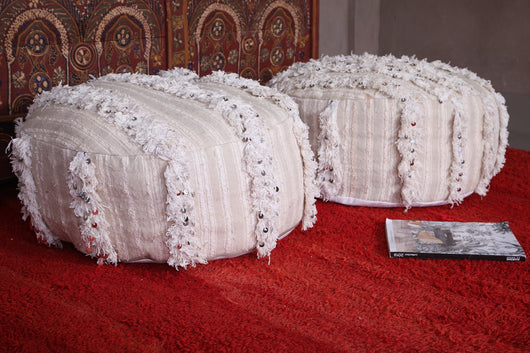 Two Round moroccan berber handwoven kilim poufs