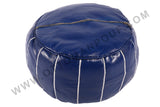 Dark blue leather pouf with white stitching 10